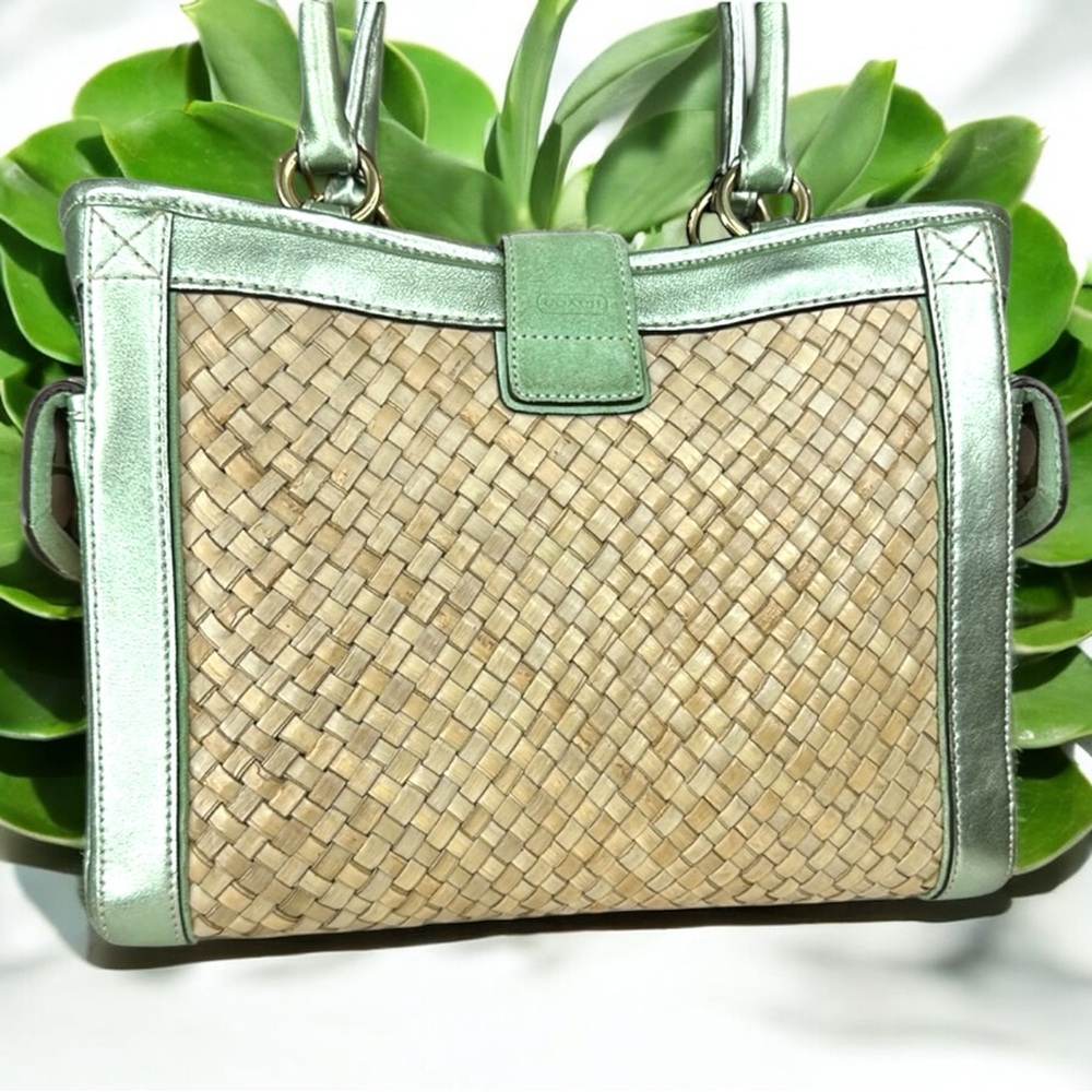 Coach Green and Tan Tote with Woven Design - Picture 2 of 16